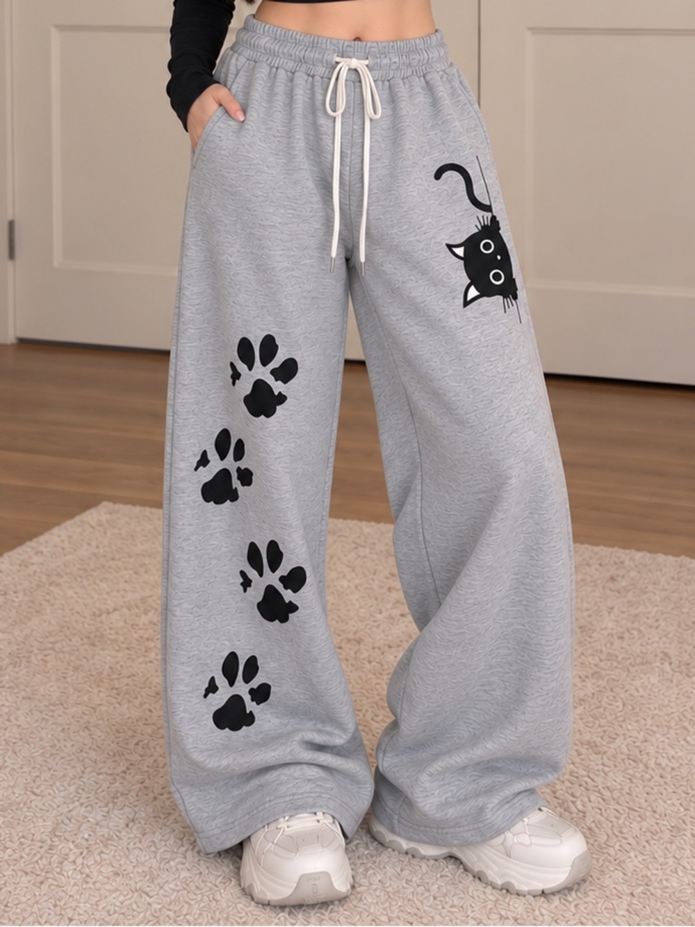 Y2K Cat Graphic Wide-Leg Sweatpants – Gray – XS – NWT